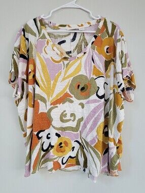 Rachel Zoe Linen T-Shirt Women Size 3X Artsy Luxury Abstract Boho Beachy.